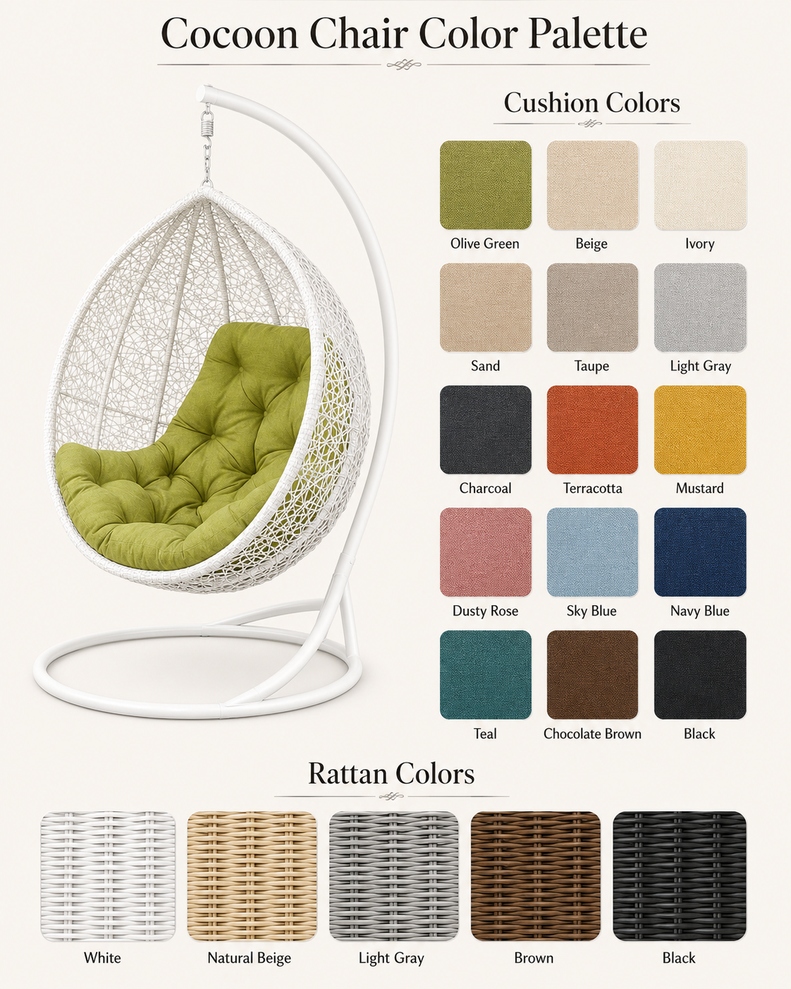 Luna cocoon chair colour palette showing fifteen cushion fabric swatches and five rattan weave finishes.